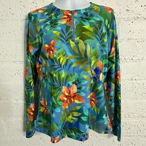 Hurley Womens Swim Top Rash Guard L Blue Floral Tropical UPF50+ Long Sleeve BG8
